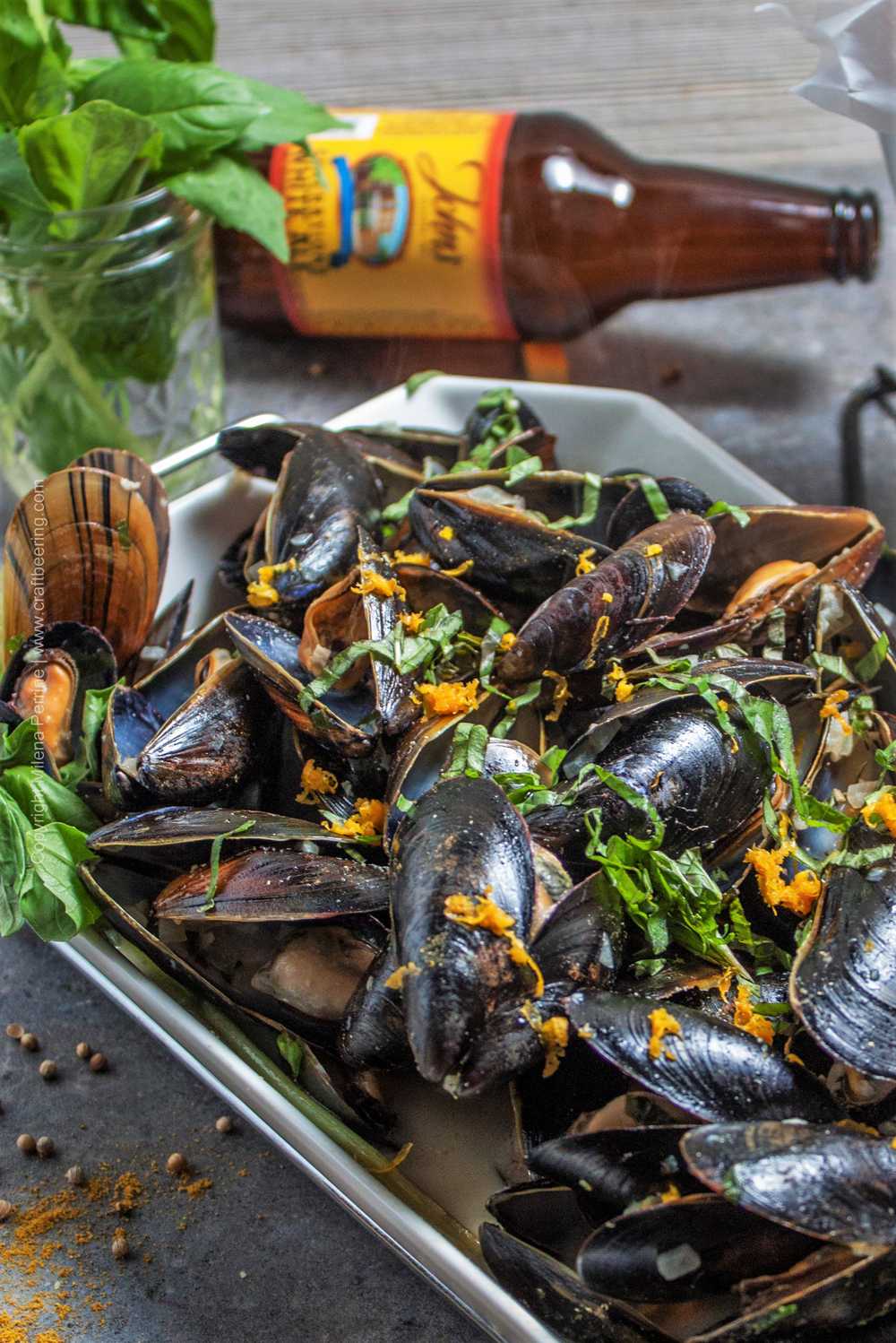 Coconut milk and beer steamed mussels.