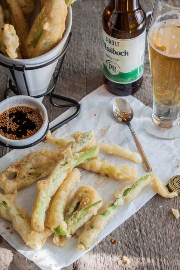 Beer Tempura Green Onions with Maibock Spring Lager and Soy & Sesame Dipping Sauce