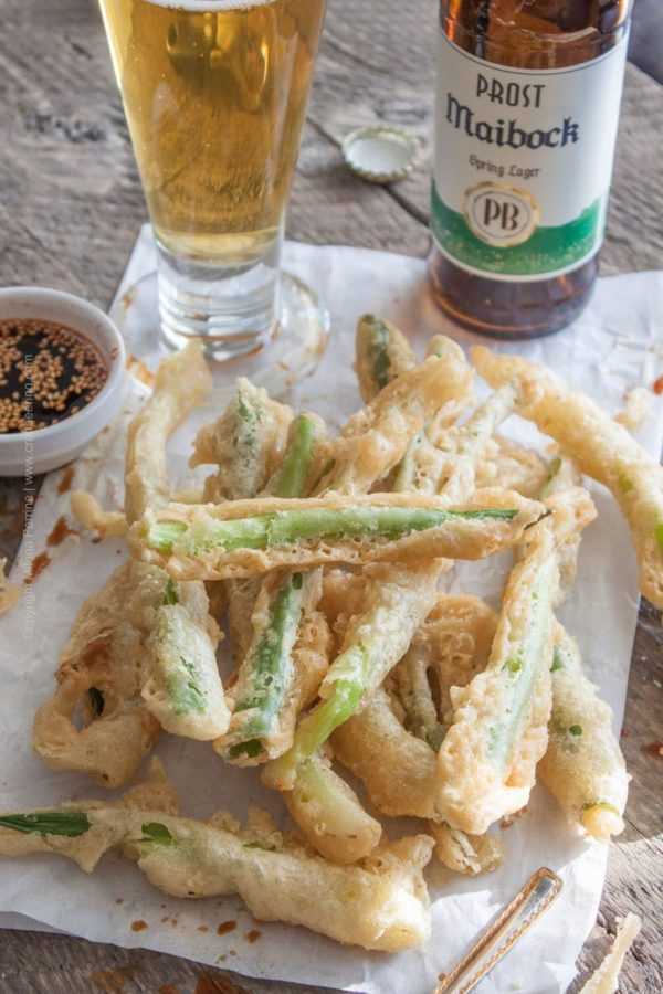 Tempura Green Onions with Maibock lager and sesame oil in the beer batter.