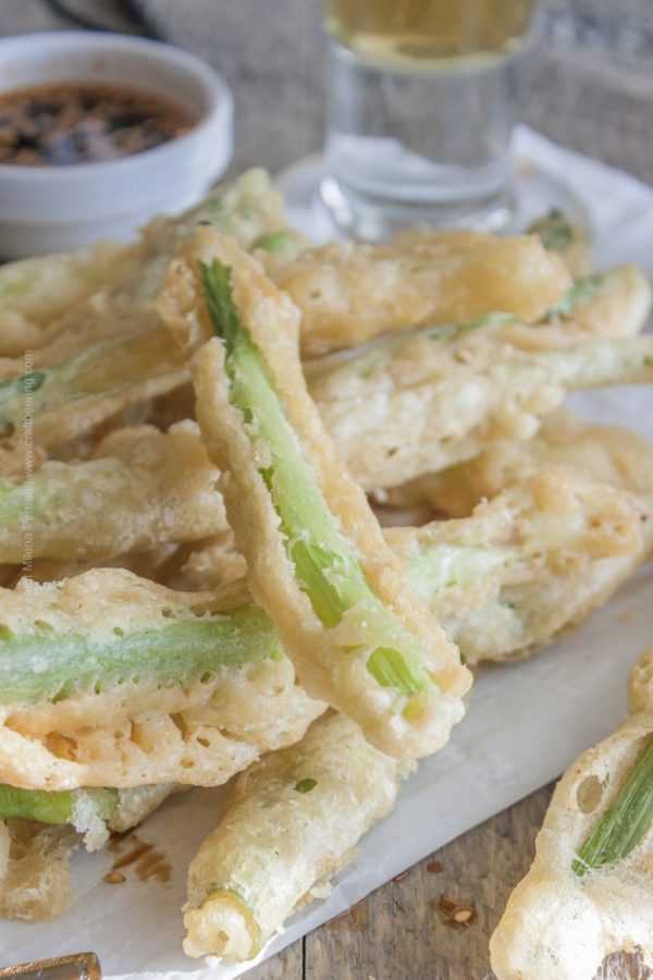 Light and crispy beer tempura green onions. Maibock lager in the batter is the key to the flavor and texture!