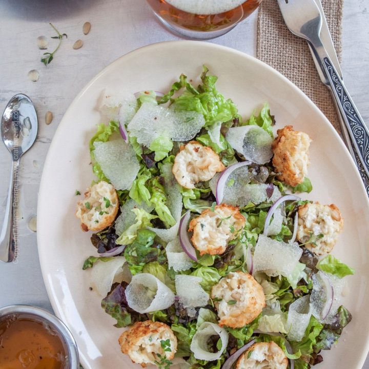 Asian Pear Salad with Pale Ale Dressing and Goat Cheese Fritters