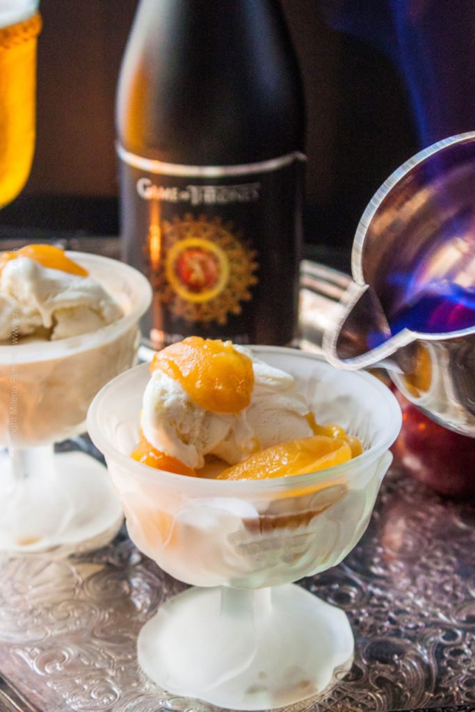 A Song of Ice & Fire – Golden Ale Poached Plums & Lemon Sorbet Flambe