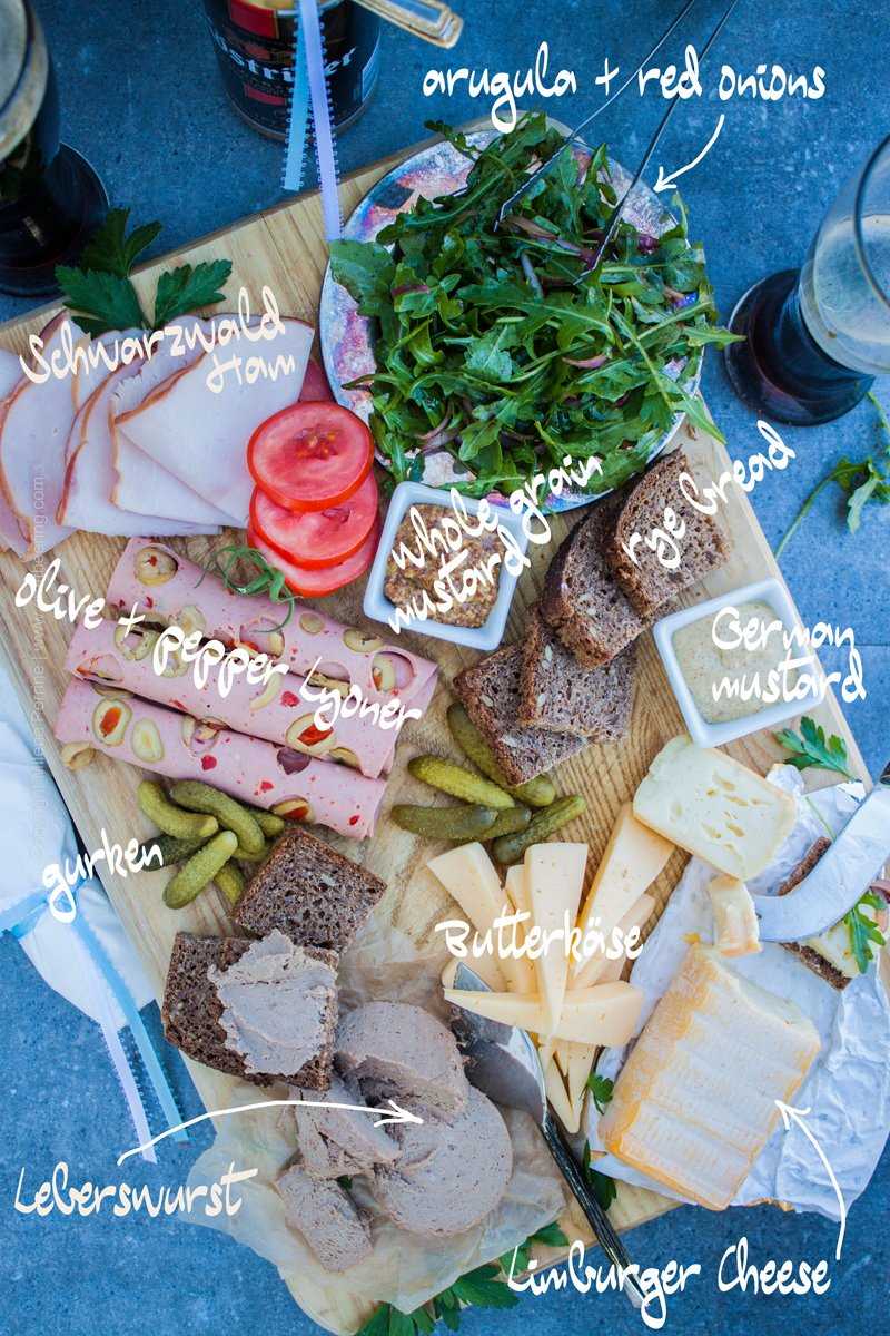 German Meat and Cheese Board. Popular German cold cuts and cheeses with gurken (duh), arugula, rye bread and mustard of course:)