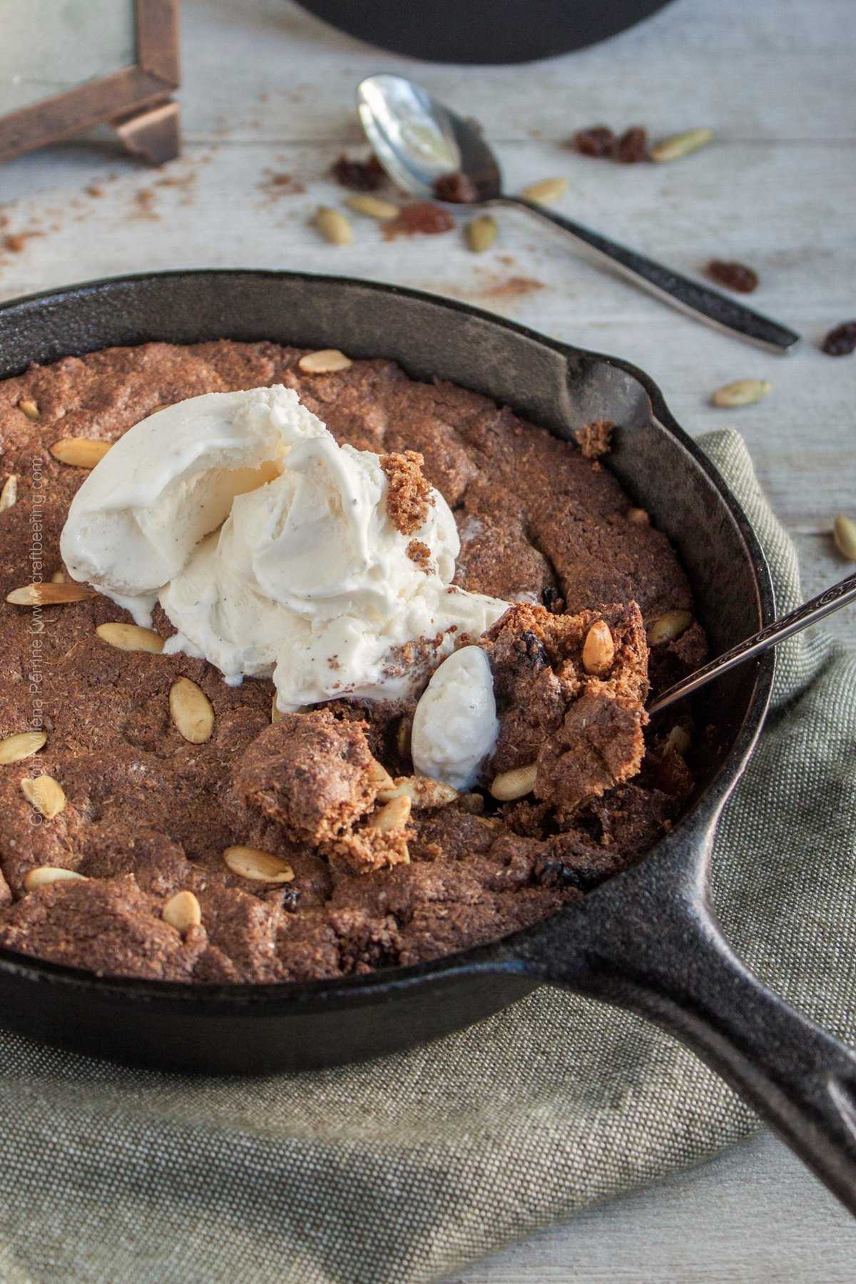 Spent grain skillet cookie. Skillet cookie with pumpkin seeds and pumpkin spice. Ice cream recommended.