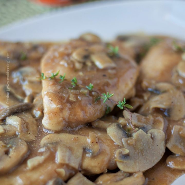 Chicken Beersala. Rich doppelbock based, gravy like sauce with mushrooms and thyme.