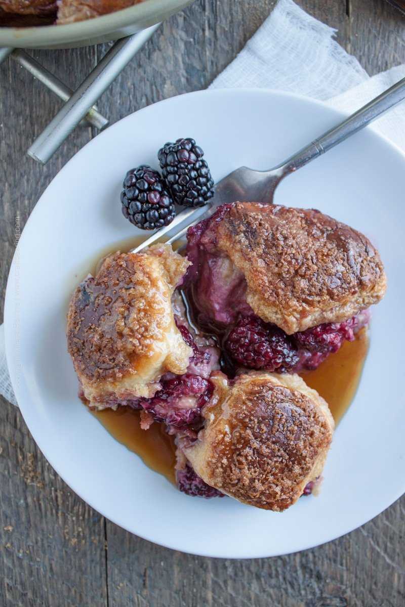 Beer French toast with Hawaiian rolls and blackberries.