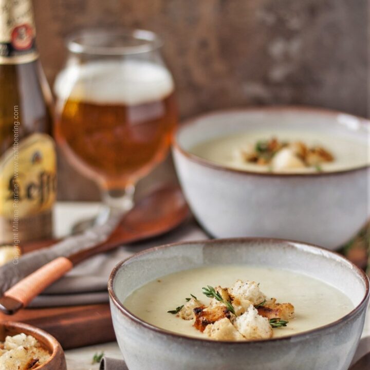 Potato leek soup with thyme and croutons.