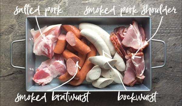 Smoked meats often used in Choucroute Garnie - Salted Pork, Smoked Pork Shoulder, Bockwurst and Smoked Bratwurst