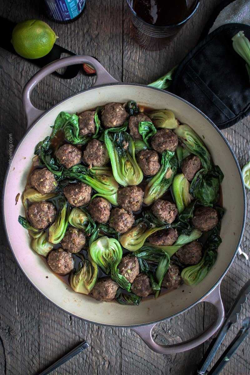 Beer Braised Baby Bok Choy with Chinese Five Spice Beef Meatballs. Choice of beer = bock lager. Bock braised bok choy:) #beerbraised #beerbraisedbokchoy #beerbraisedbabybokchoy #cookingwithbeer #beerandfood