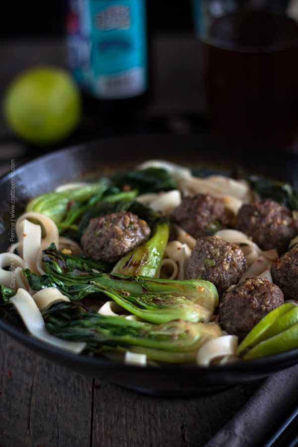 Beer Braised Baby Bok Choy with Chinese Five Spice Beef Meatballs. Choice of beer = bock lager. Bock braised bok choy:) #beerbraised #beerbraisedbokchoy #beerbraisedbabybokchoy #cookingwithbeer #beerandfood