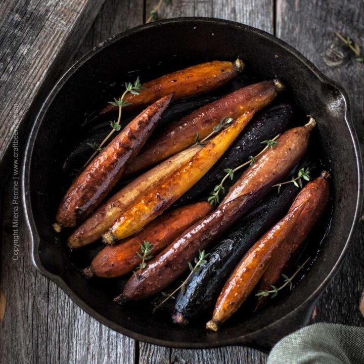 Beersamic roasted carrots in cast iron pan. #beersamic #roastedcarrots #cookingwithbeer #beersamicglaze