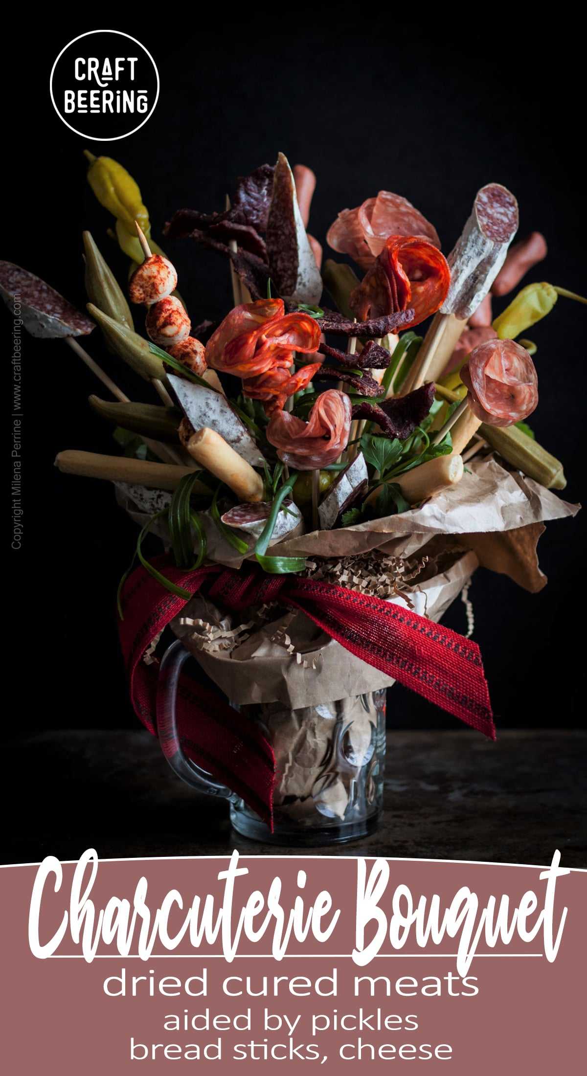 Charcuterie Bouquet. Salami flowers:) and bread sticks for your man. Or woman. A beer lover's dream gift. #beerlovergift #charcuteriebouquet #salamibouquet #ediblebouquet #manflowers