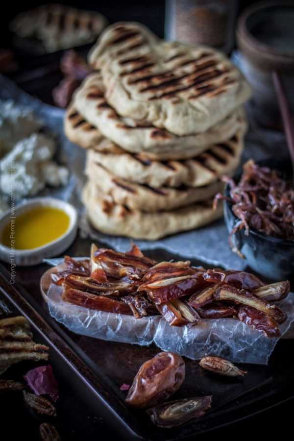 Soft Beer Flatbread with Dates, Caramelized Onions and Goat Cheese #softflatbread #beerflatbread #flatbreadrecipe #caramelizedonions #dates #beerbread