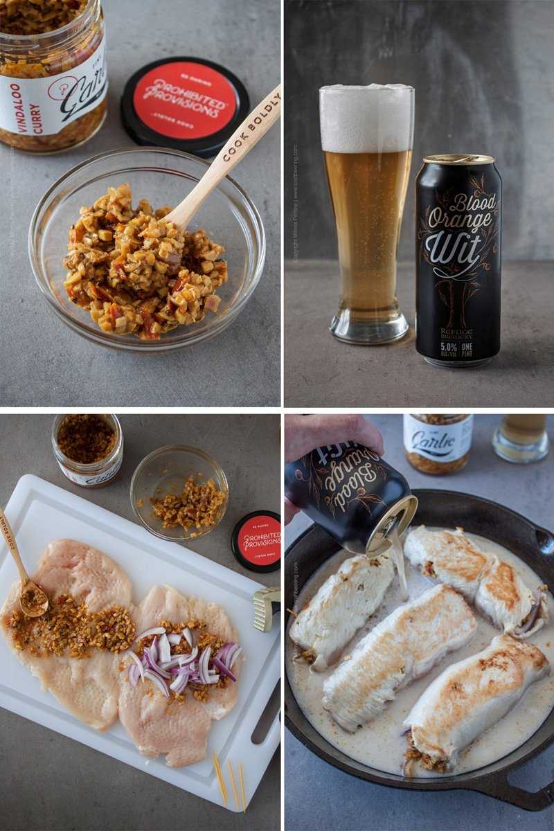 Beer Chicken Roulades - Steps. Choose a Belgian Wit and either buy Vindallo Curry Garlic or make your own similar concoction