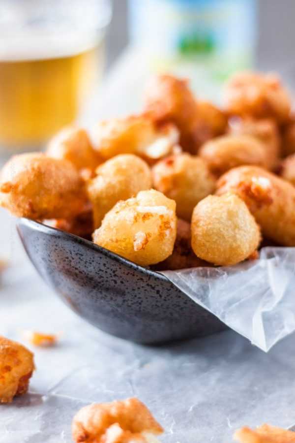 Stretchy inside and crispy outside. Bowlful or beer battered cheese curds