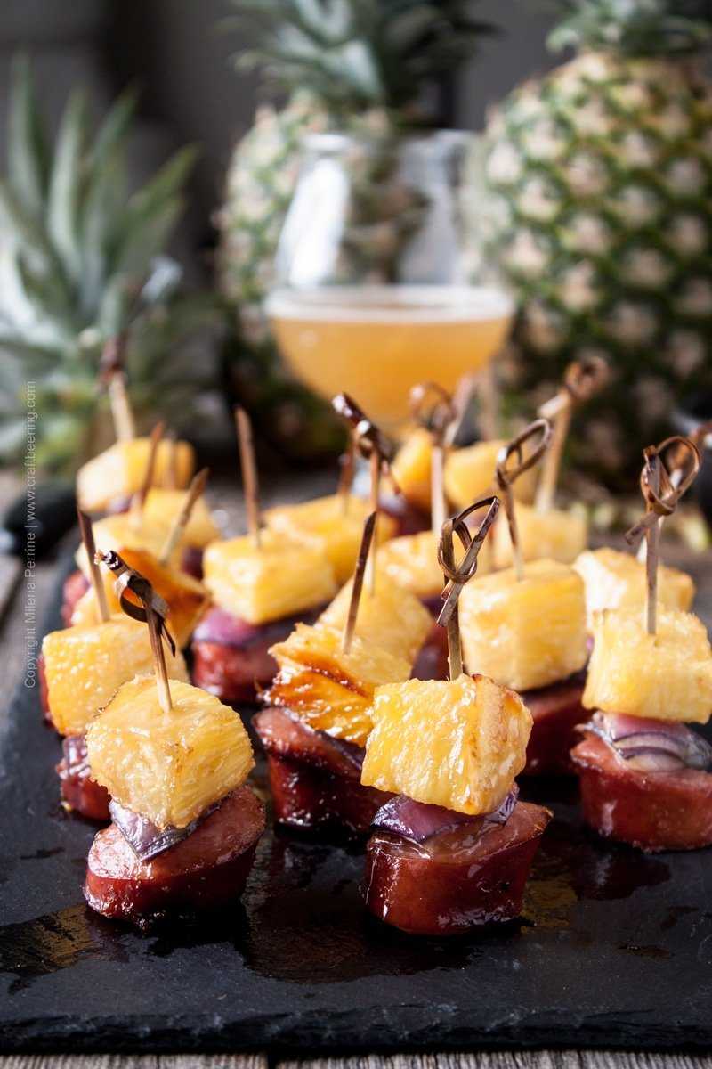 Caramelized pineapple sausage bite sized skewer. Brown sugar and IPA glazed. #pineappleskewer #pineapplesausage