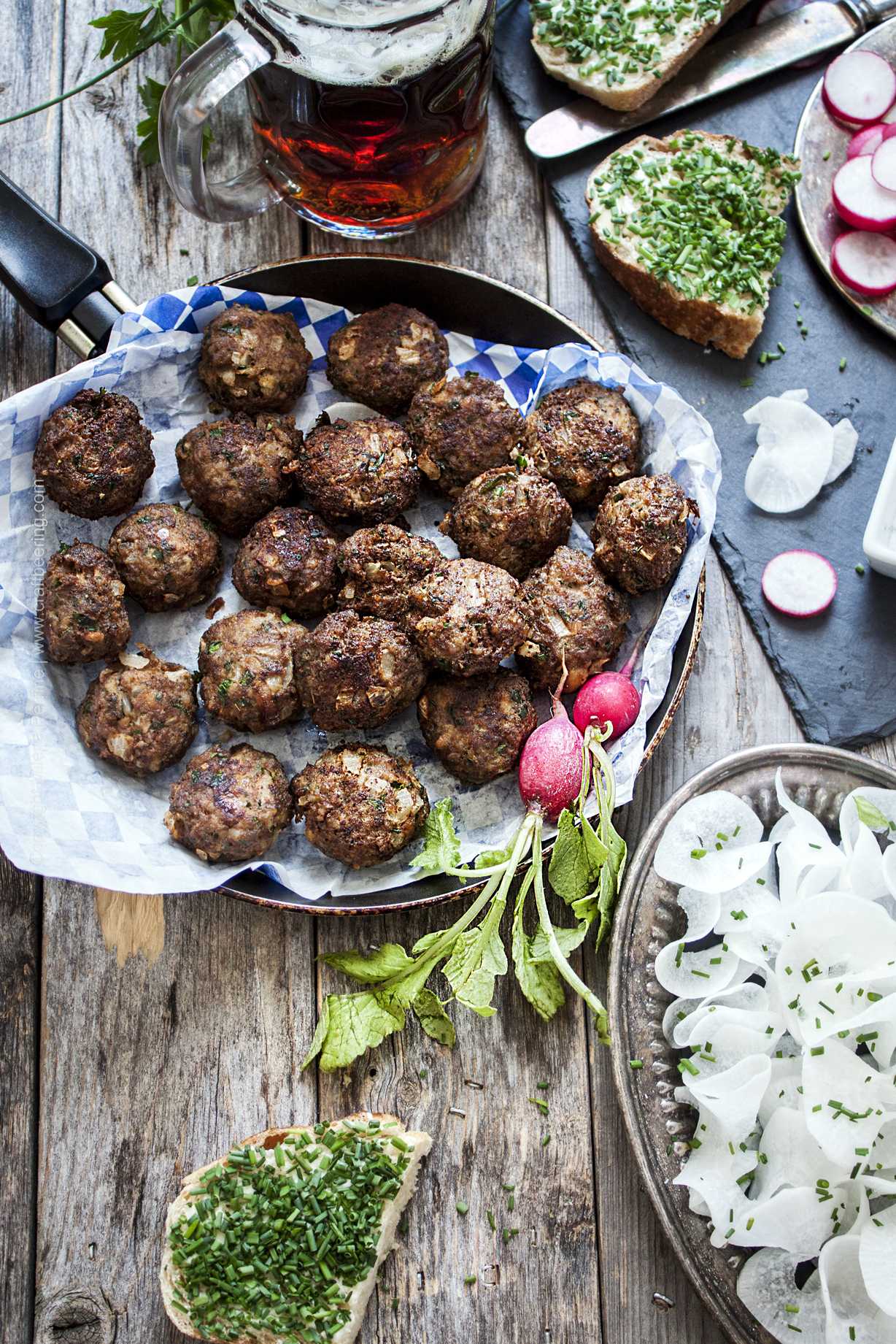 Frikadellen German meatballs served beer garden style with Munich radish and schnittlauchbrot