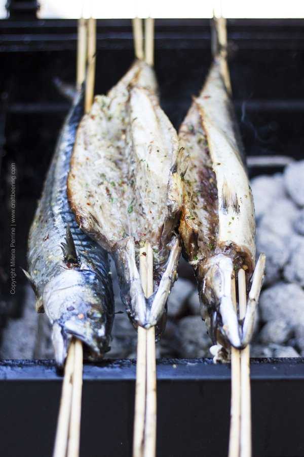 Steckerlfisch being grilled over wood embers. Delicious!