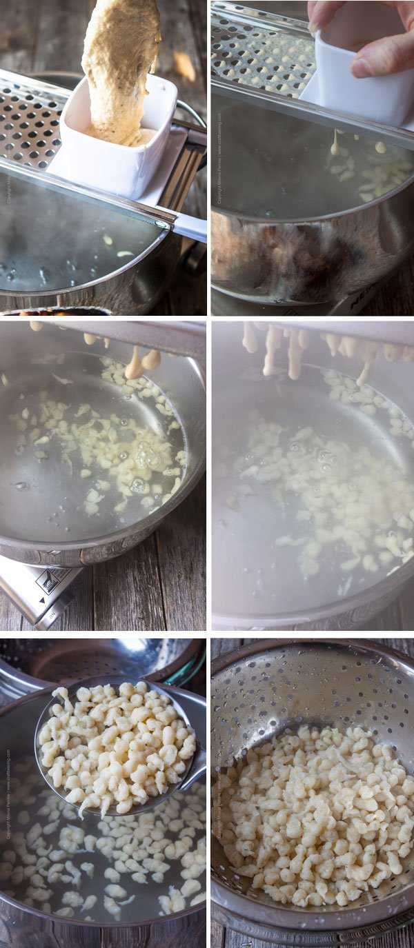 Steps for making spatzle image grid. Add dough to spatzle maker, slide back and forth over a pot of salted boiling water and once it floats to the surface scoop and drain.