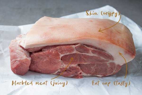 Boneless pork shoulder with fat cap and skin attached. The best cut of pork for roast (Schweinebraten)