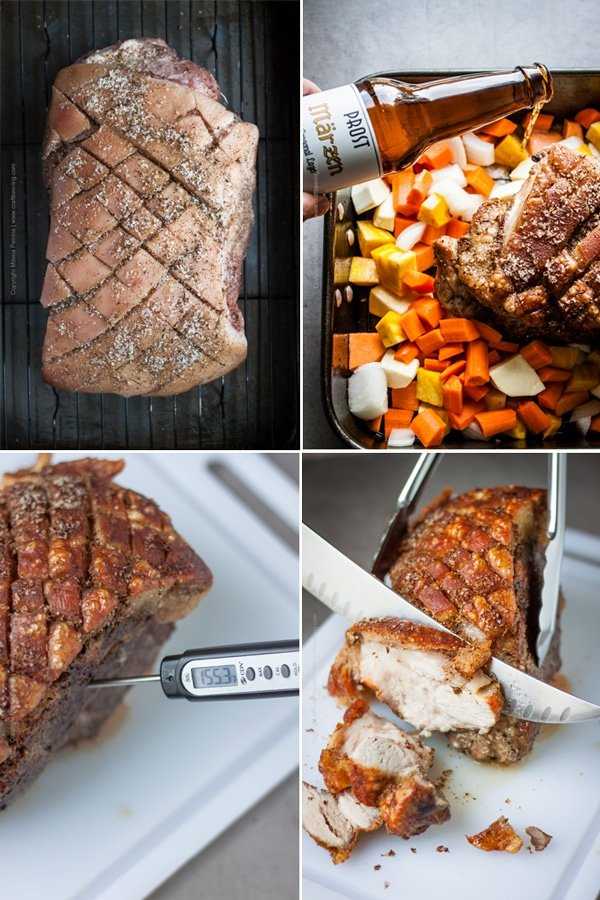 Picture collage of steps to roasting the perfect boneless pork shoulder.