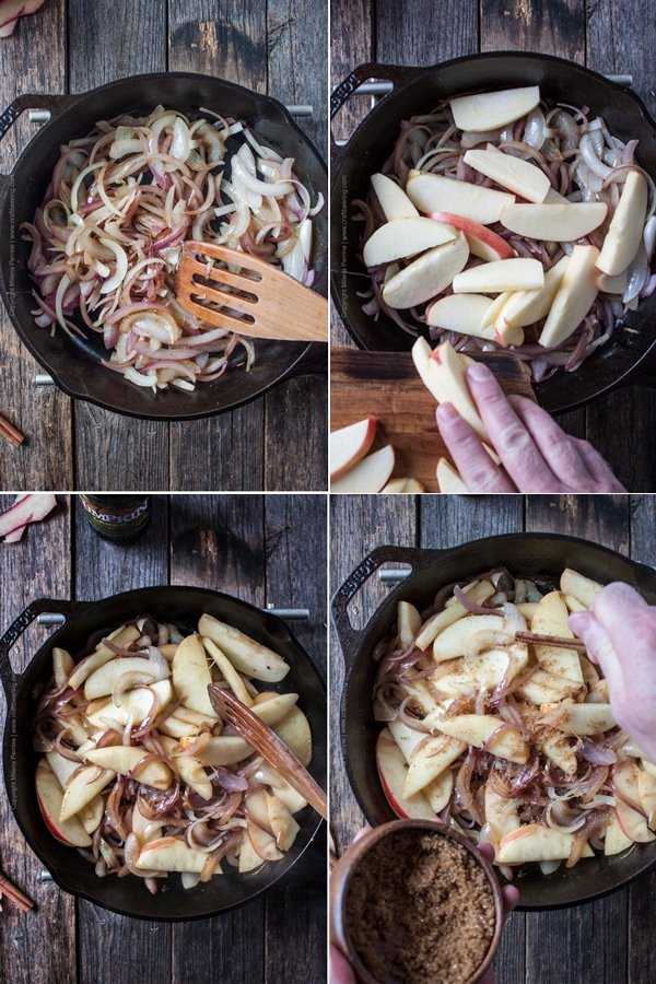 Apple Pork Tenderloin - saute onions and apples, add cinnamon stick