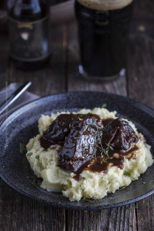 Beer Braised Short Ribs with rich porter gravy served over mashed potatoes.