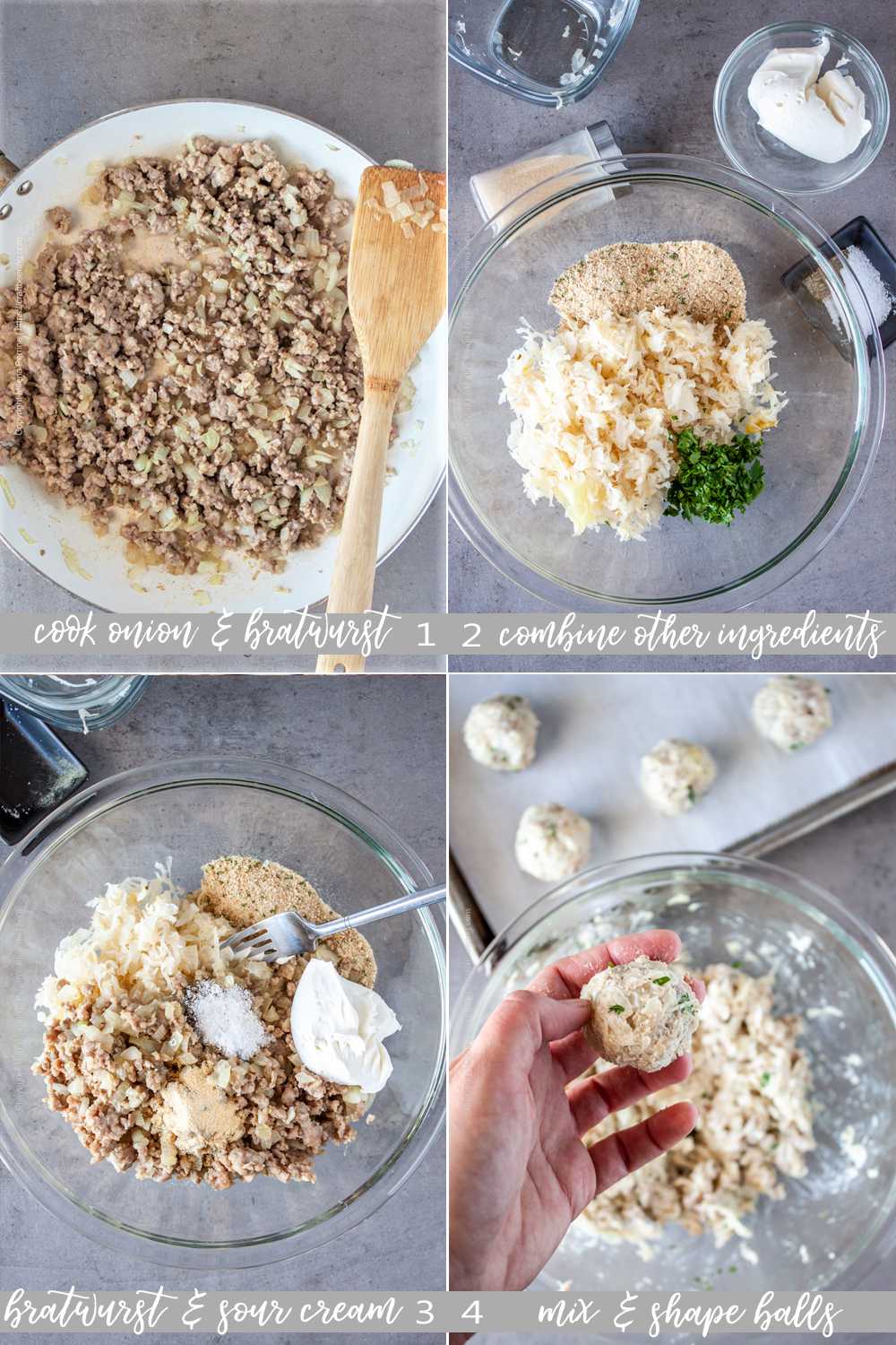 Step by step how to make sauerkraut balls (brown bratwurst, mix with rest of ingredients, shape).