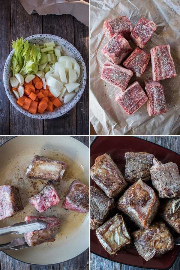 Step by step - season and brown the short ribs on all sides.