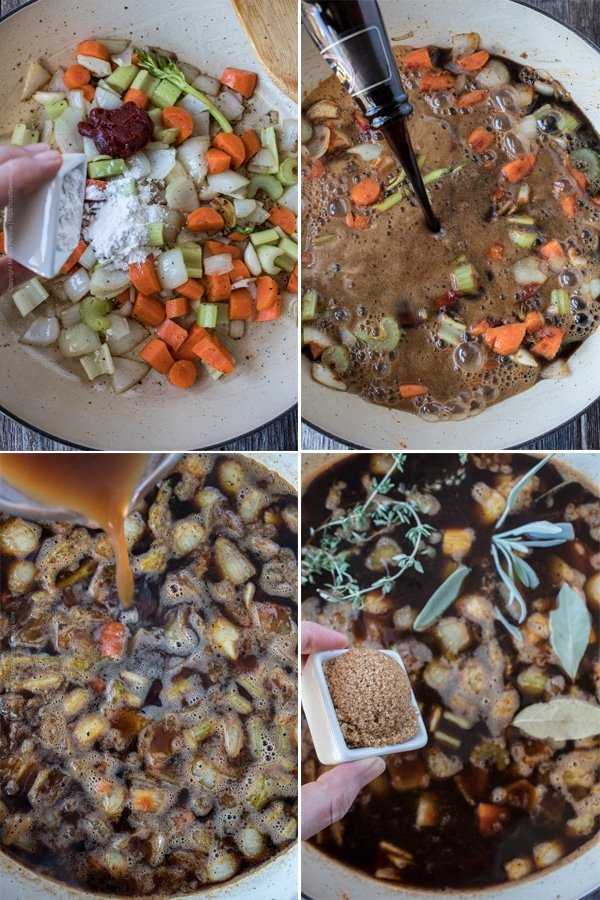 Image grid showing the steps to prepare the braising liquid for beer braised short rib.