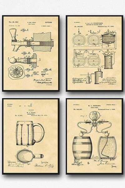 Beer art prints - set of 4 depicting various patented beer related inventions.