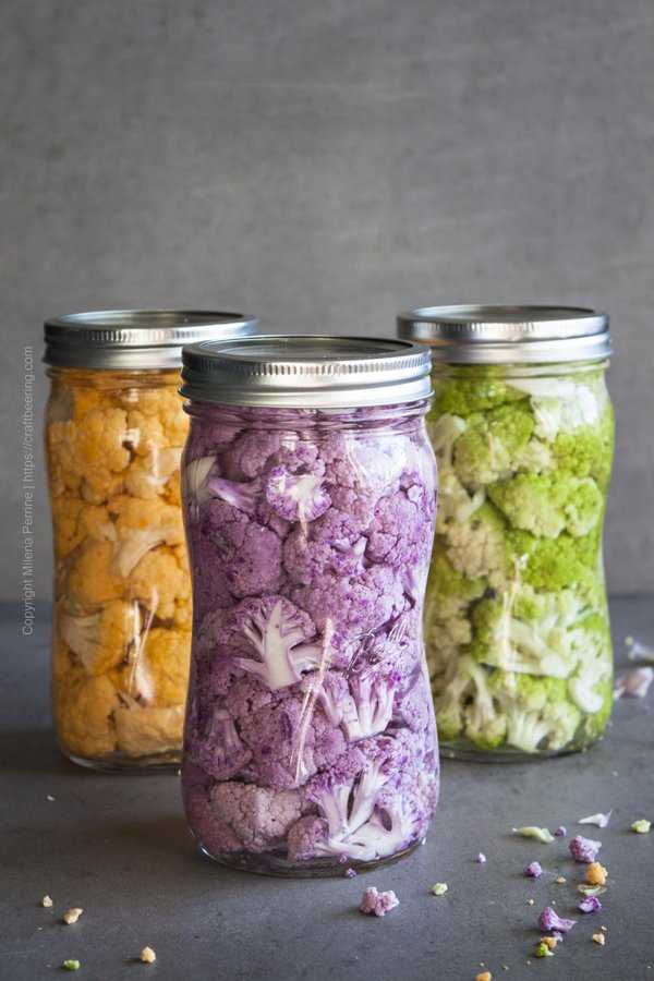 Lacto fermented pickled cauliflower in mason jars. 