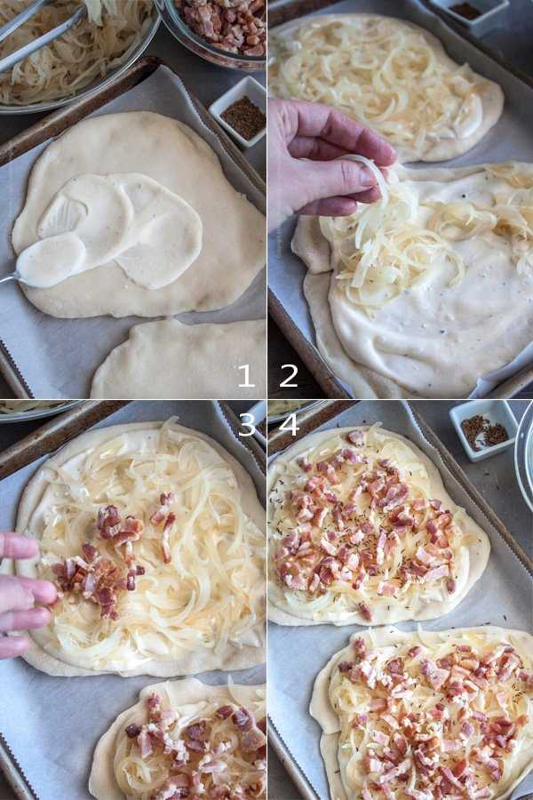 Steps to assemble the topping of tarte flambee