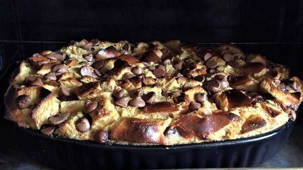 The chocolate bread pudding will puff up and rise while in the oven.