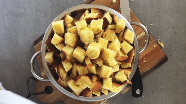 Bread cubes in a bowl to dry out.
