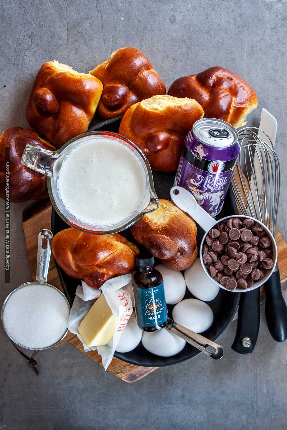 Ingredients for chocolate chip bread pudding