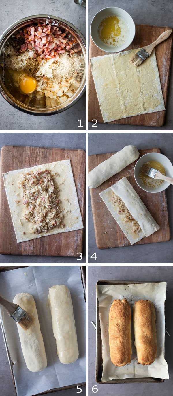Sauerkraut strudel - image grid showing the step by step process to make it.