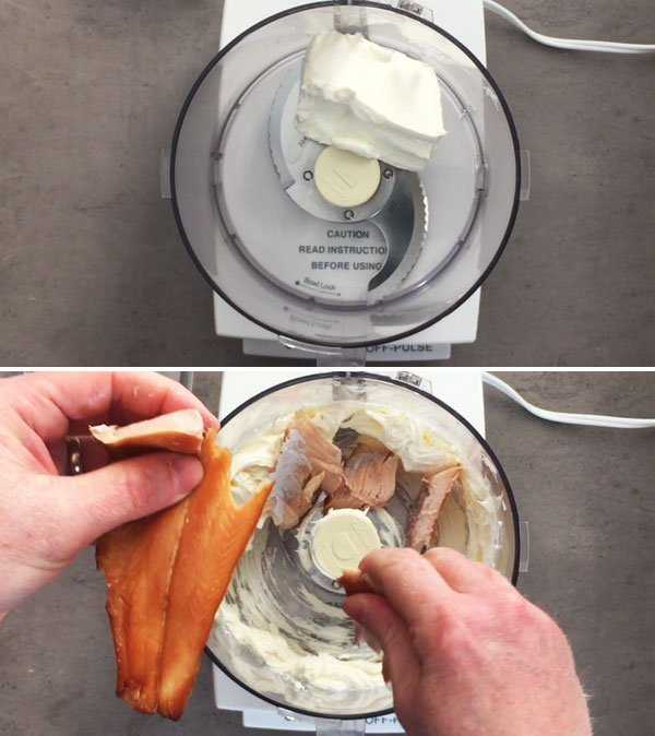 Process the cream cheese and the smoked trout. 