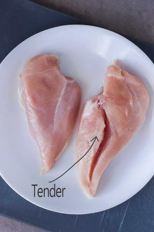 The chicken tender of a whole chicken breast is shown, slightly separated to make identifying it easier.