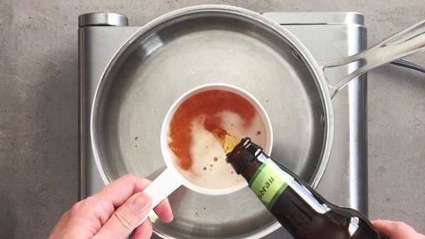 Beer poured in a pan. 