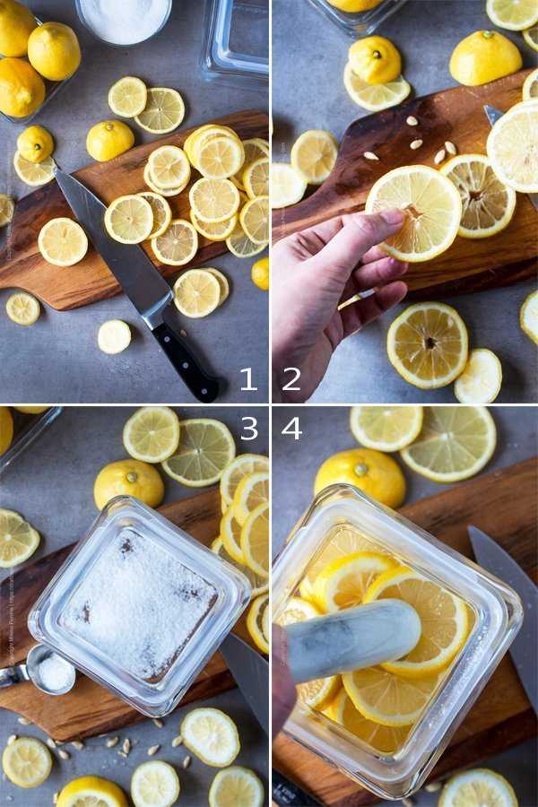 First steps in making sliced preserved lemons - slicing, removing seeds, layering with salt.