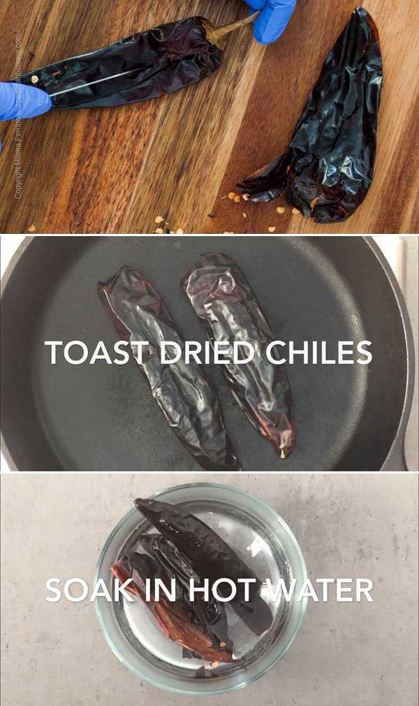 step by step images for cleaning, toasting and soaking dried chiles