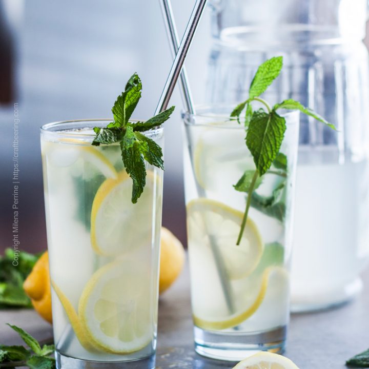 Barley water flavored with lemon juice and honey and served with fresh mint over ice.