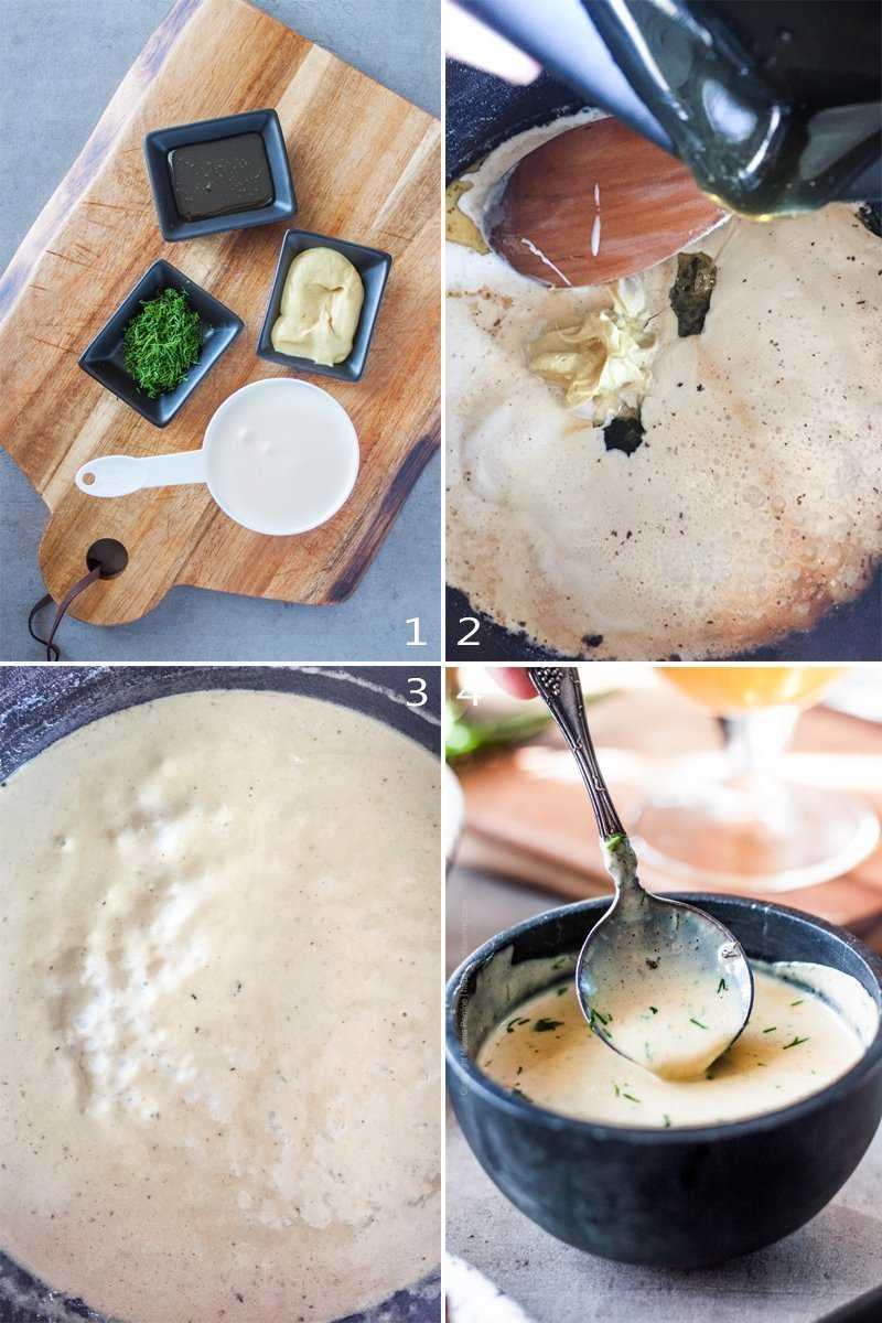 Ste by step image grid for mustard dill sauce. 