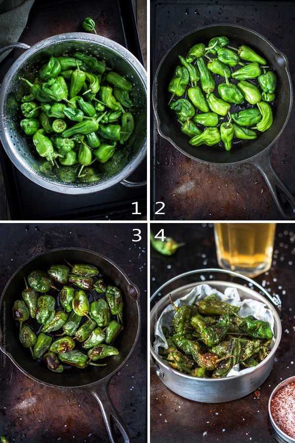 Image grid showing the steps to make roasted padron peppers.