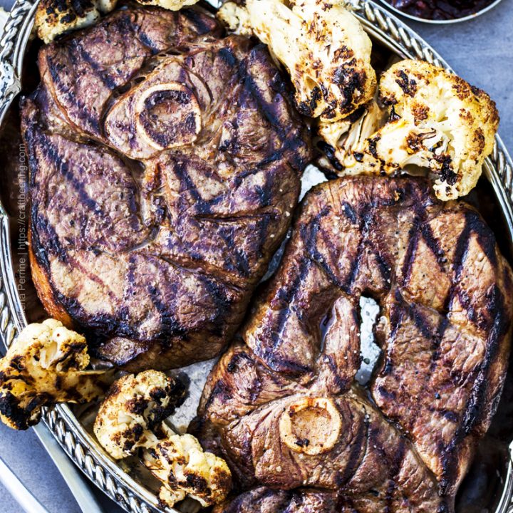 Grilled lamb steaks with curried grilled cauliflower.