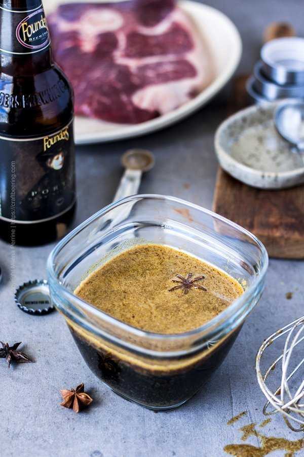 Spiced dark ale marinade for lamb in a bowl