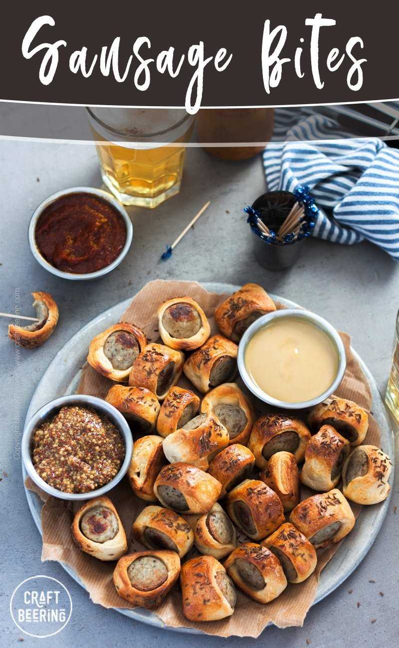 Sausage bites appetizer with mustard and curry ketchup
