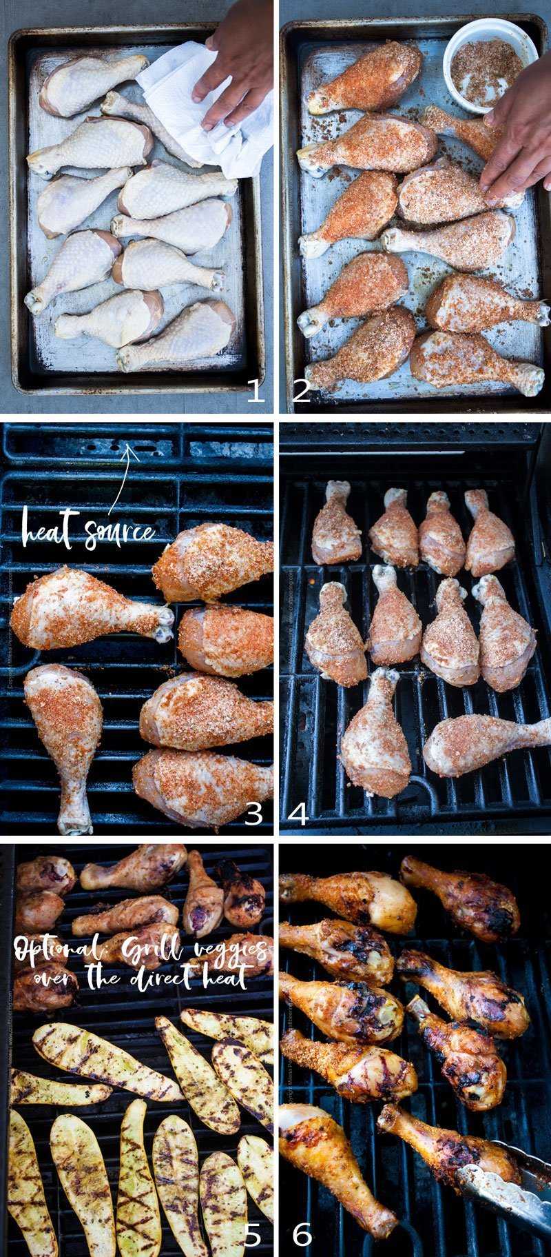 Step by step image grid showing how to grill chicken drumsticks over indirect heat.