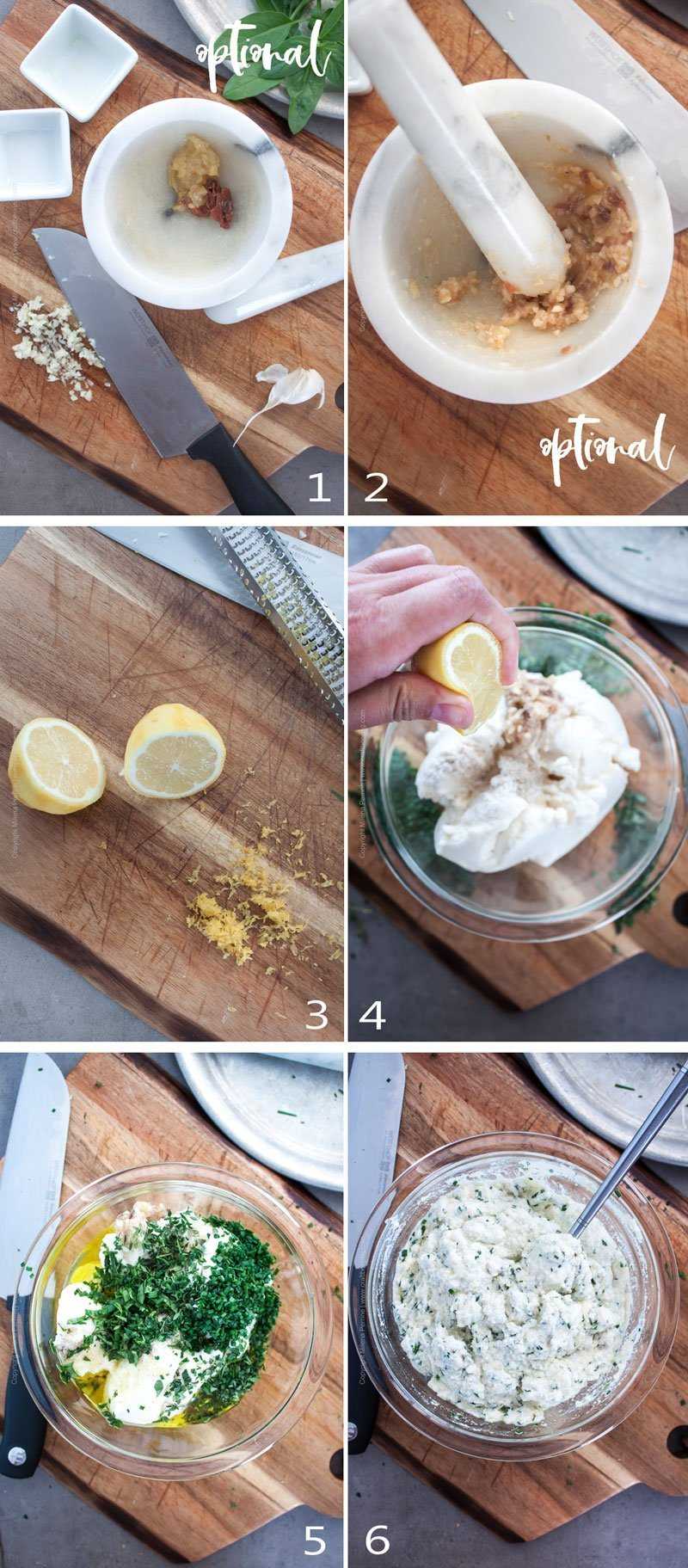 Step by step image grid showing how to make ricotta dip.
